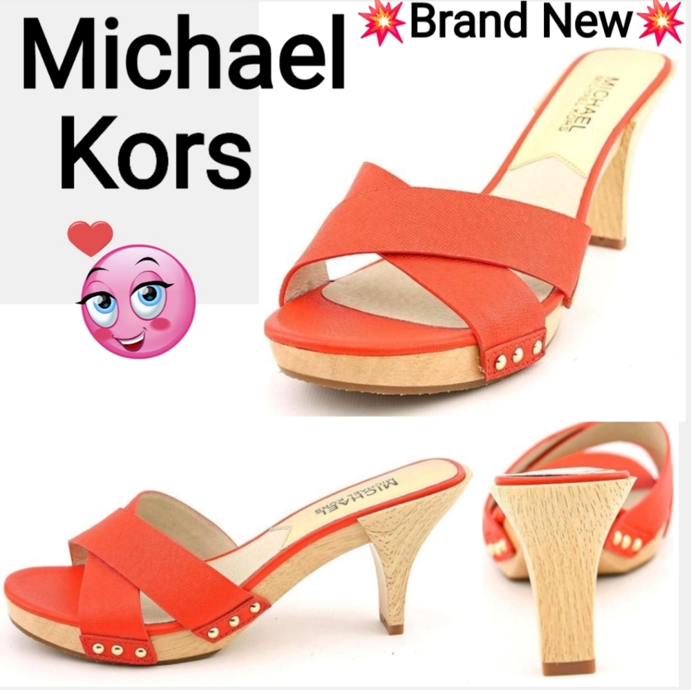 Michael Kors Saffiano Leather Slide Sandles Wood Heel Orange Size 9.5